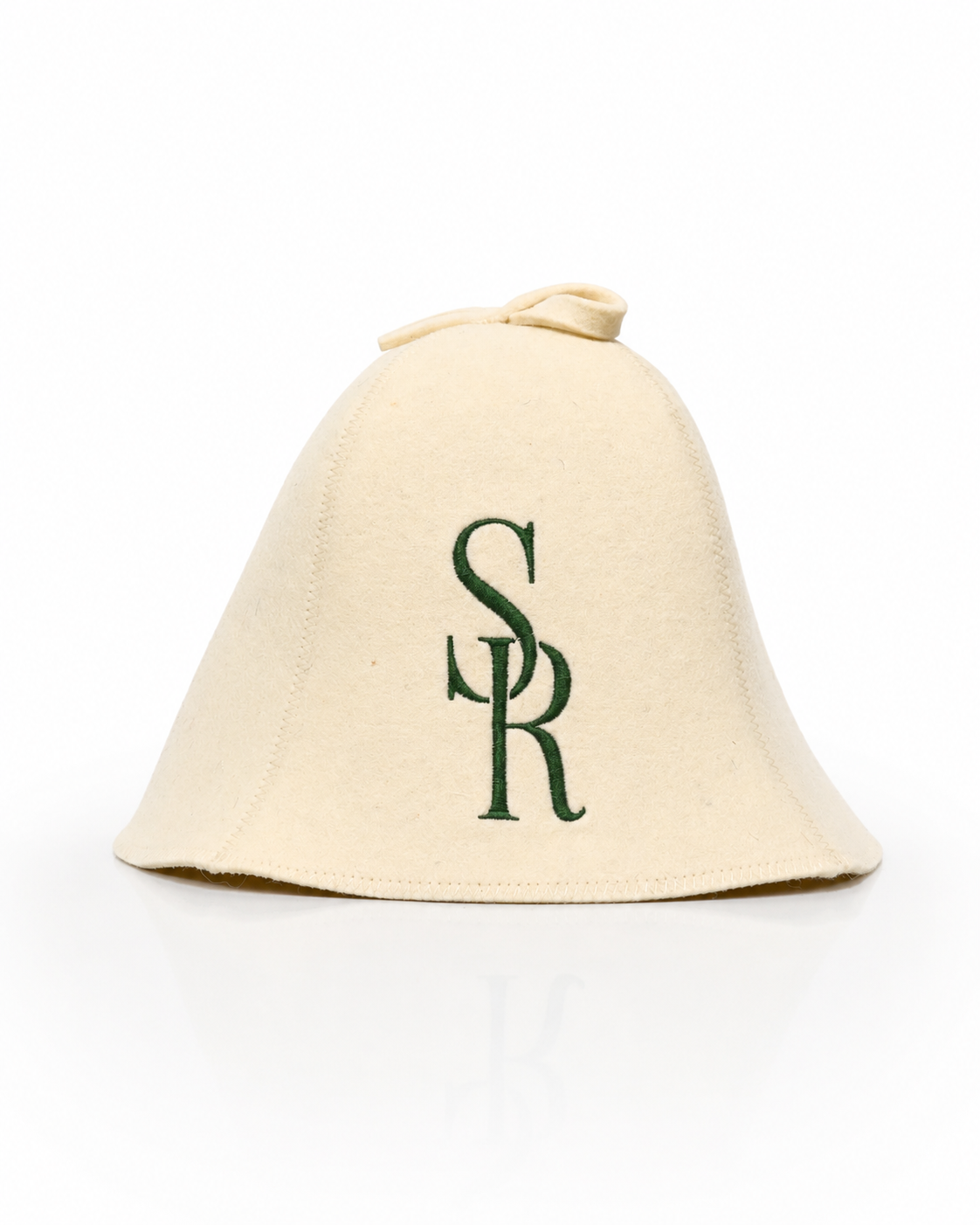 Cream sauna hat with SR embroidered on the front on a white background