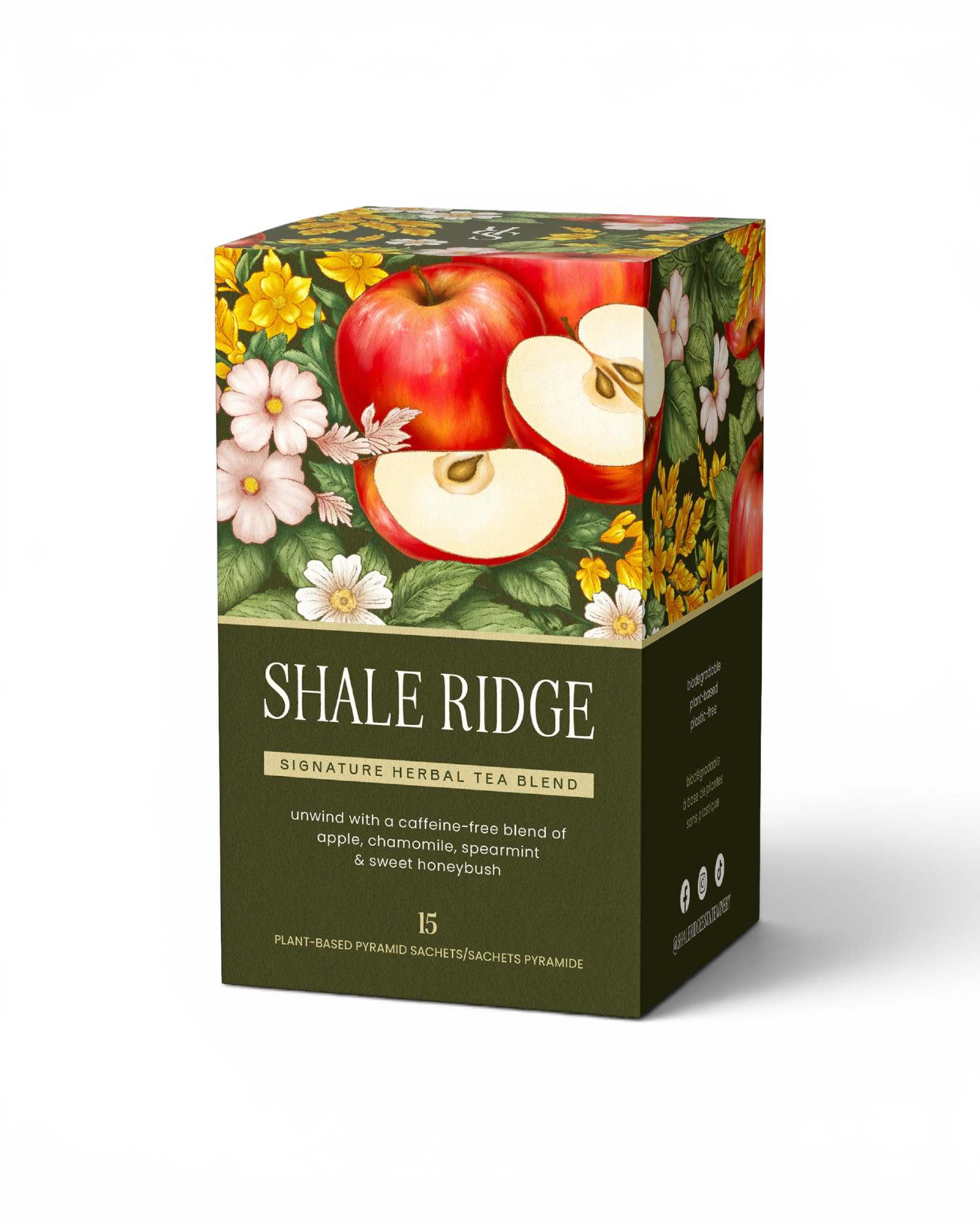 Shale Ridge Signature Herbal Tea Blend box featuring an illustration of red apples, white flowers, and green leaves on a dark olive green lower section, shown on a white background.
