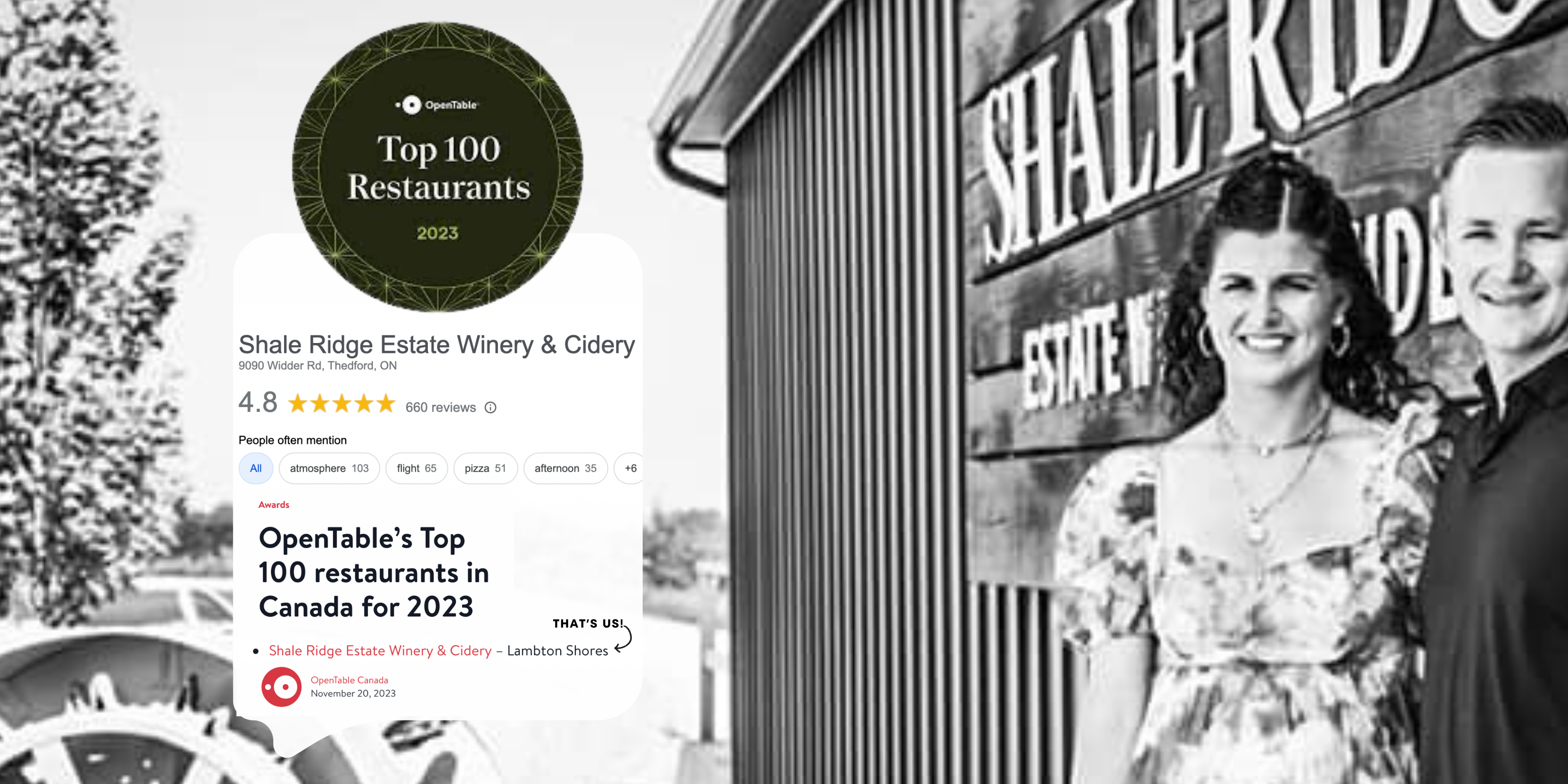 Rising Above: Shale Ridge Estate Winery & Cidery Earns a Spot in OpenTable's Top 100 Restaurants