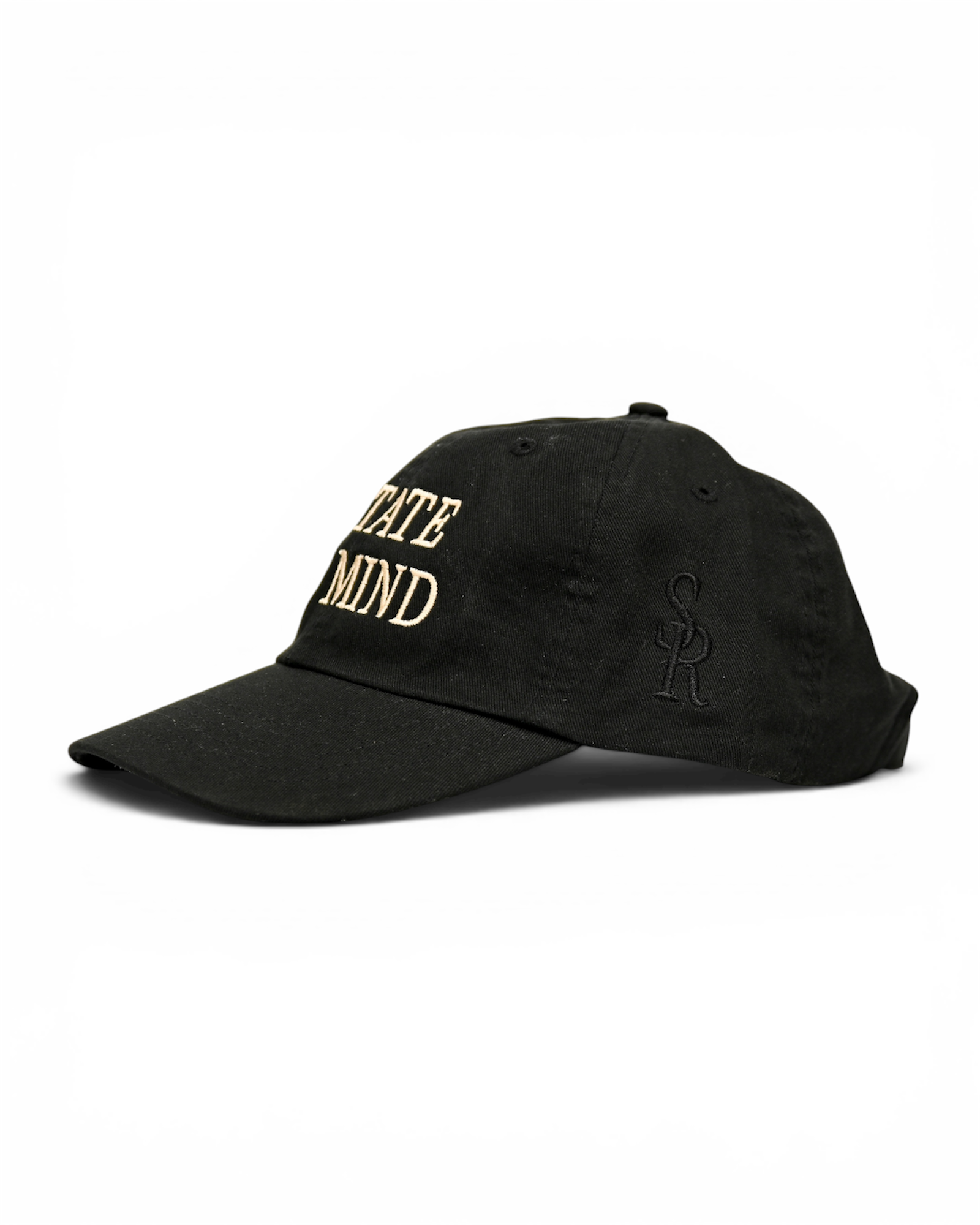 Black cap with gold text and logo on a white background
