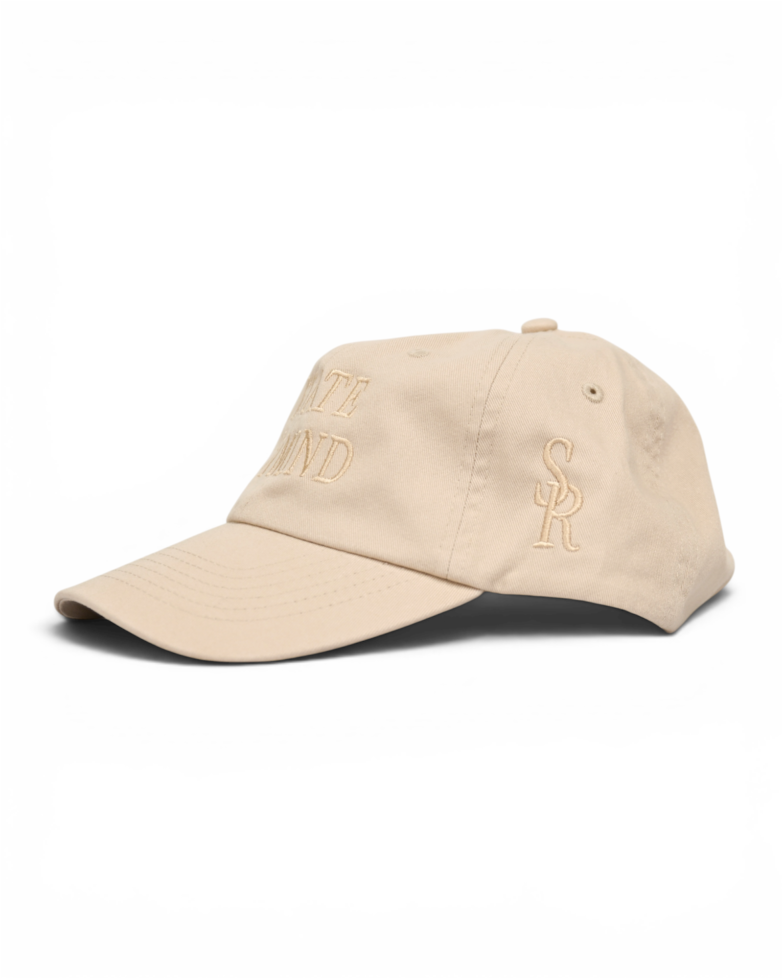 Cream cap with 'Estate of Mind' text on a white background