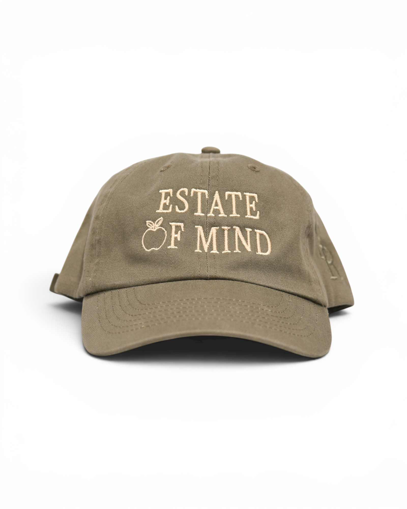 Olive cap with 'Estate of Mind' text on a white background