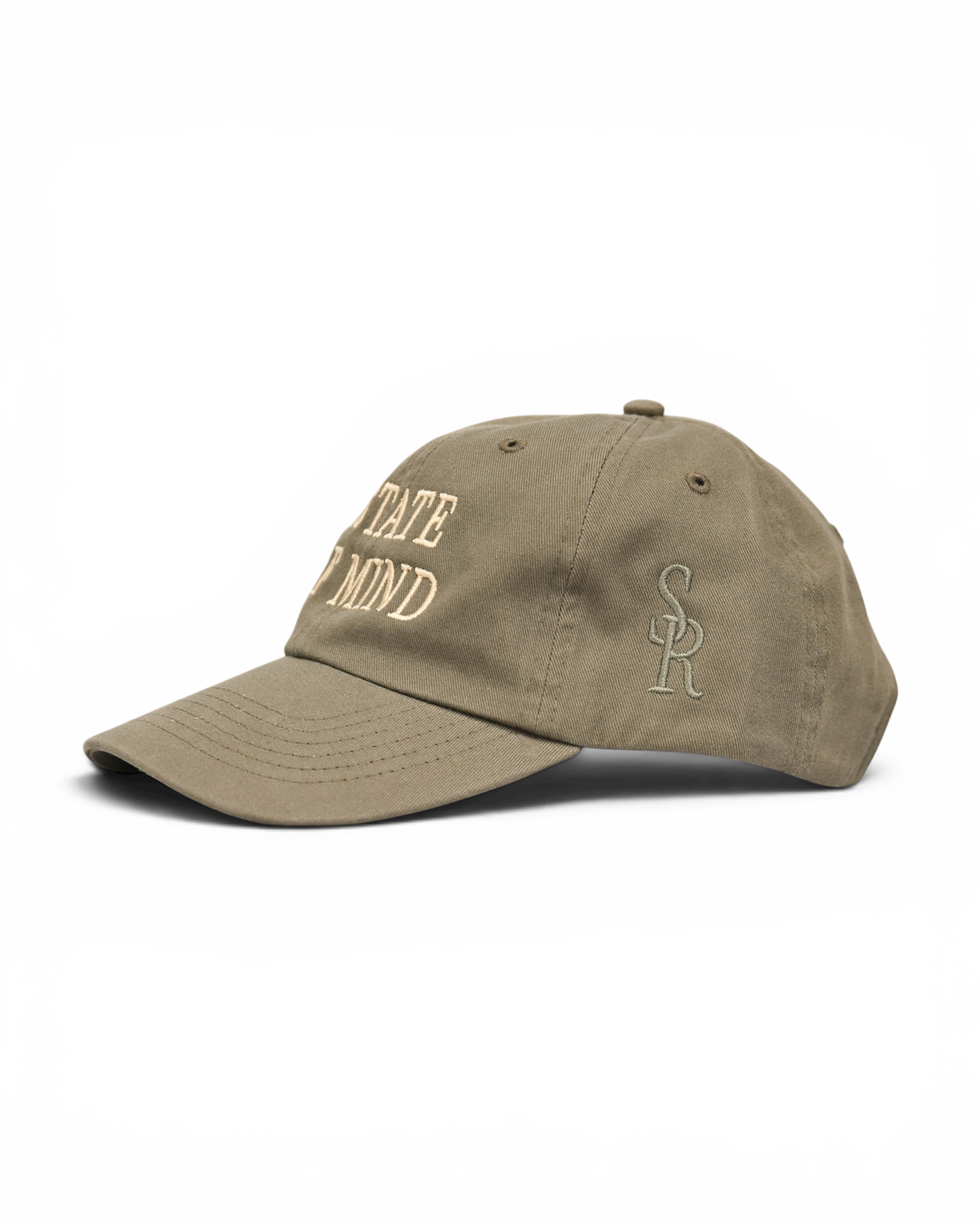 Olive cap with 'Estate of Mind' text on a white background
