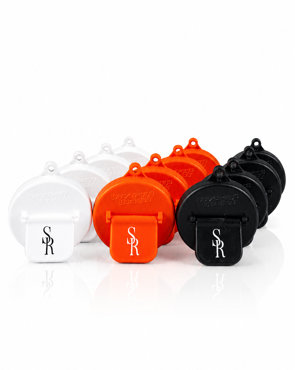 An array of SR can toppers in white, orange, and black