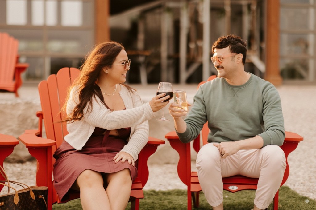 A smiling couple sits in red Muskoka chairs outdoors at Shale Ridge Estate, toasting with a glass of red wine and a drink in a lowball glass under the warm evening sun.
