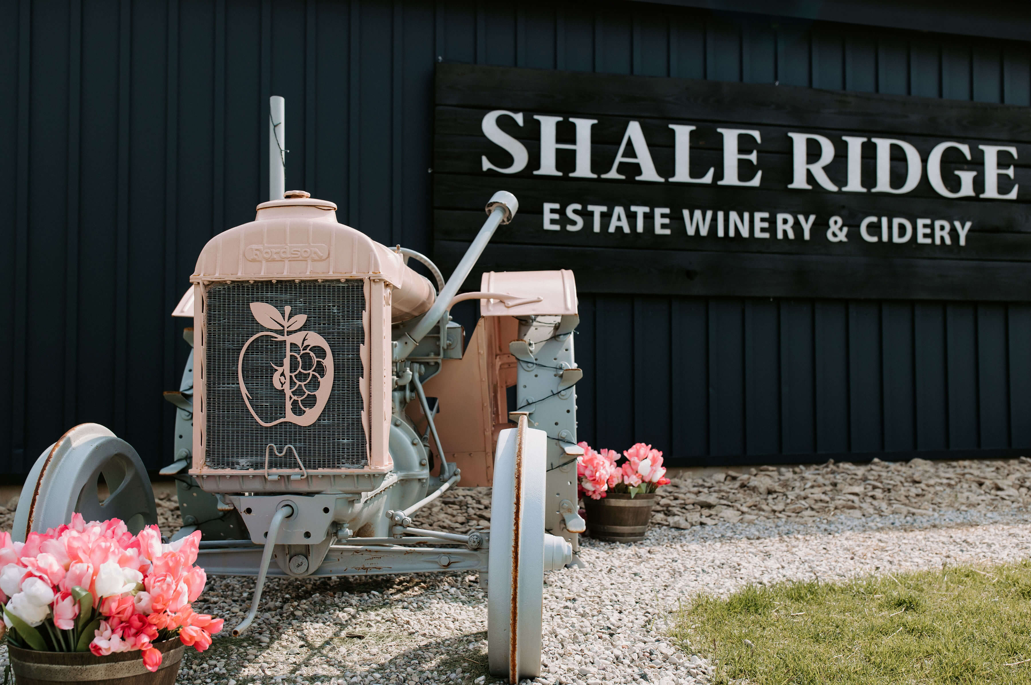 A vintage, custom-painted tractor featuring a grape and apple logo on the grille, displayed outside the modern Shale Ridge Estate Winery & Cidery building entrance sign.